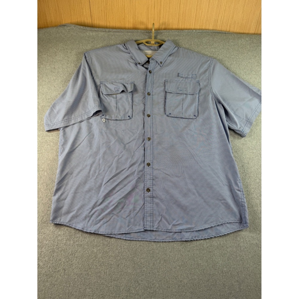 Cabelas Mens 2XL Fishing Shirt Blue Houndstooth Short Sleeve Ventilated Pockets